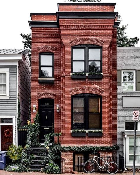 Brick Apartment, Brownstone Homes, Townhouse Exterior, Narrow Lot House, Apartment Exterior, Red Brick House, Brick Exterior House, Row House, Brick Building