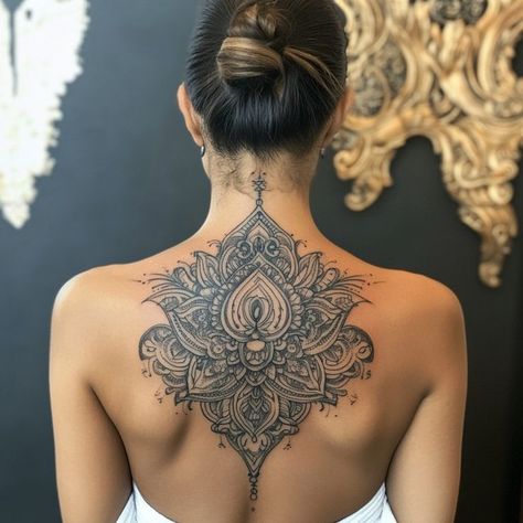 Stunning mandala tattoo design on a woman's upper back, featuring intricate patterns and symmetrical designs. Large Cover Up Tattoos For Women Back, Large Cover Up Tattoo, Mandala Tattoo Neck, Tattoo Covering, Cover Up Tattoos For Women, Large Mandala, Intricate Mandala, Back Of Neck Tattoo, Neck Tattoos Women