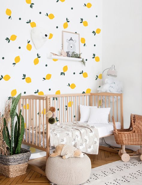 [ITEM NO. 24259] Lemon Wall Decal
[SET INCLUDED]
> 45 Lemon / > 45 Leaves (3 Shapes) / > 36 Dots

[DECAL SIZE]
Lemon and leaves measure from 3.5” wide to 7.5” tall
Dot measures from 1.3” wide to 1.3” tall

• The above items are all separated so you can place them wherever you wish.
• Included FREE Application tool and detailed Step-by-step Instructions with every purchase
• This is an exclusive design only from PinkNBlueBaby and Wcookie! Fruit Nursery Theme, Lemon Nursery Theme, Citrus Nursery, Lemon Nursery, Wall Decals For Nursery, Baby Room Decals, Nursery Room Themes, Wall Decal Nursery, Italian Theme