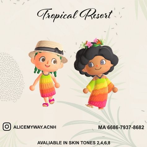 Animal Crossing Summer Outfit Codes, Tropical Clothes, Acnh Summer, Acnh Tropical, Acnh Fashion, Resort Clothing, Acnh Outfits, Acnh Inspiration, Tropical Skirt