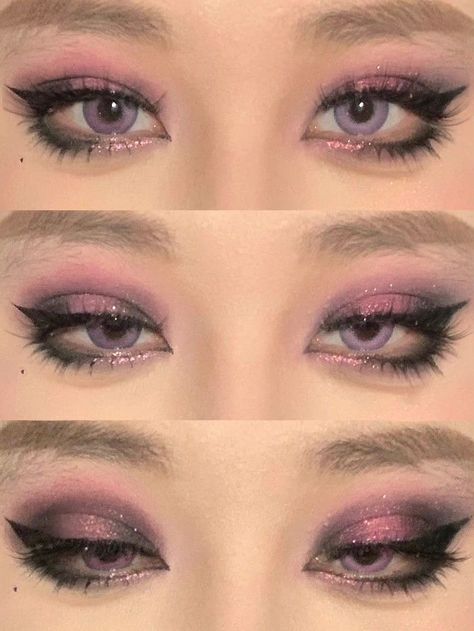 Pastel Pink And Purple Makeup, Artsy Eyeshadow Looks, Emo Bridal Makeup, Makeup Ideas Edgy, Oppenheimer Makeup, Stargirl Makeup Tutorial, Y2k Eyeshadow Looks, Gloomy Bear Makeup, Cutesy Makeup Looks