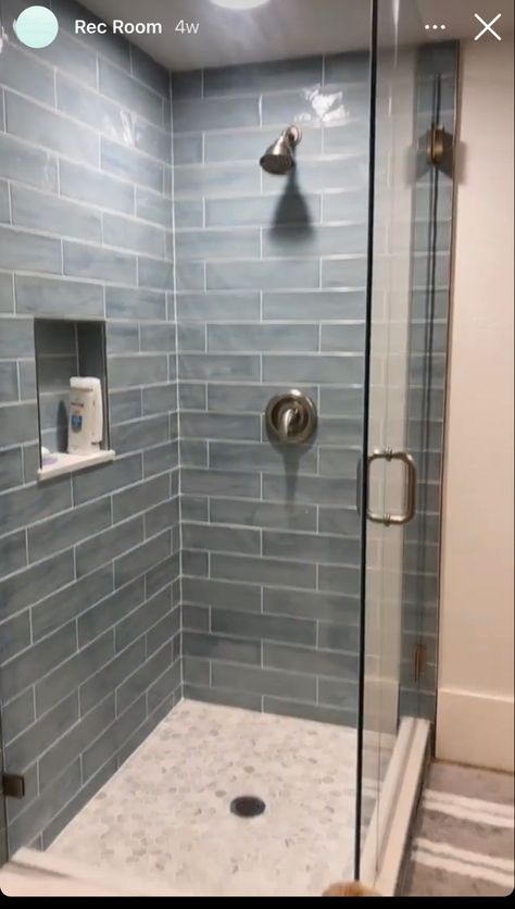 Gray And Blue Shower Tile Ideas, Gray Blue Shower Tile, Blue And Gray Shower Tile, Modern Shower Ideas, Grey And Blue Bathroom Ideas, Walk In Shower Blue Tile, Walk In Shower With Blue Accent Tile, Spa Blue Glass Tile Bathroom, Blue Shower Tile