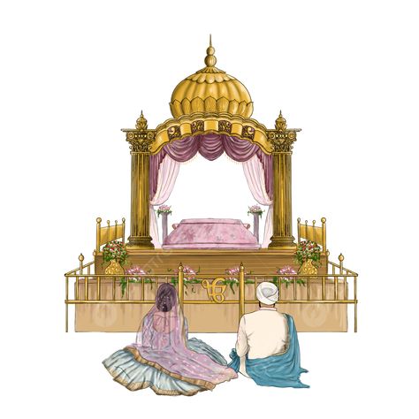 Punjabi Couple Illustration Art, Punjabi Wedding Couple Illustration, Gurudwara Illustration, Punjabi Wedding Illustration, Gurudwara Drawing, Anand Karaj Illustration, Sikh Couple Illustration, Punjabi Illustration, Indian Wedding Couple Illustration