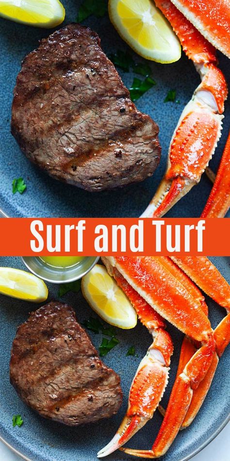 Surf and Turf (with Steak and Crab Legs!) - Rasa Malaysia Surf And Turf Recipes, Steak And Crab, Surf N Turf Recipes, Prime Steak, Seafood Entrees, Rasa Malaysia, Surf And Turf, Steak And Seafood, Crab Legs