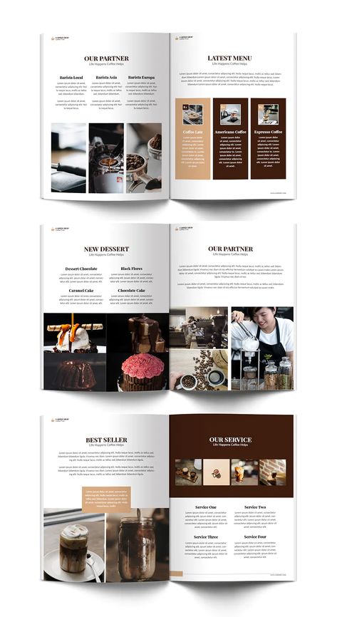 Coffee Shop A4 Brochure Template InDesign - 24 pages Coffee Catalogue Design, Coffee Book Layout, Coffee Magazine Cover, Coffee Catalogue, Coffee Brochure, Coffee Showroom, Chocolate Template, Coffee Magazine, Catalog Design Layout