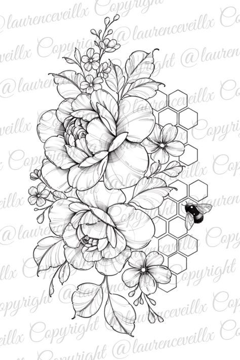 Arm Tattoo Template Sleeve, Beginning Tattoo Ideas, Flower Tattoo Template, Peony Tattoo Stencil, Tattoo Template Printables, Honeycombs Drawings, Bee And Flower Tattoo, Tattoo Printable, Men Flower Tattoo