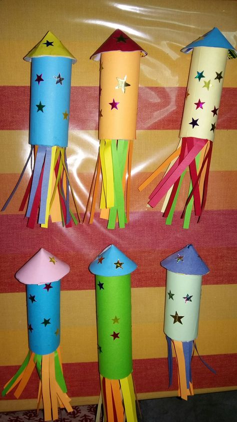 Diwali rocket art- best out of waste Diwali Rocket, Diwali Craft For Children, Birthday Poster Diy, Fireworks Craft For Kids, Diwali Ideas, Diwali Activities, Fireworks Craft, Diy Diwali Decorations, Diwali Craft