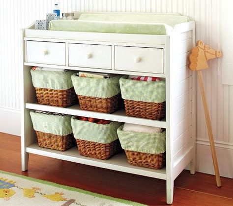 Cute storage Change Table Organization, Table With Basket, Baby Change Table, Organization Baskets, Dresser Topper, Dresser Dresser, Table Organization, Green Baby Room, Change Table