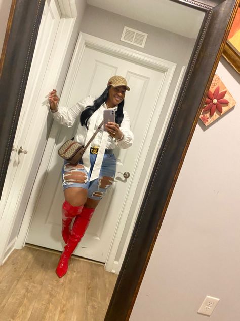 Red Boots Outfit Black Women, Red Thigh High Boots For Fall, Red Thigh High Boots Outfit, Red Knee High Boots Outfit, Red Ankle-high Boots For Spring, Red Thigh High Winter Boots, Red Lace Up Thigh High Boots, Red Leather Thigh High Boots, Red Knee High Boots