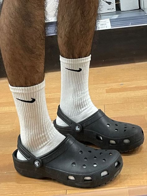 Please avoid leaving Crocs where they will be exposed to heat or sun, such as a dish washer, washing machine, or hot car, as this can cause the shoes to shrink or warp. Black Crocs Outfit, Crocs Aesthetic Outfit, Crocs Outfit Men, Aesthetic Crocs, Cool Crocs, Crocs Aesthetic, Clogs Outfits, Styling Crocs, Crocs Outfit