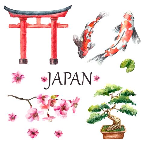 Watercolor Japan set. Japanese capital signs. Japanese Sketch Art, Japanese Sketch, Japan Watercolor, Watercolor Koi Fish, Japan Image, Japanese Tree, Japanese Watercolor, Japanese Drawings, Cherry Blossom Branch