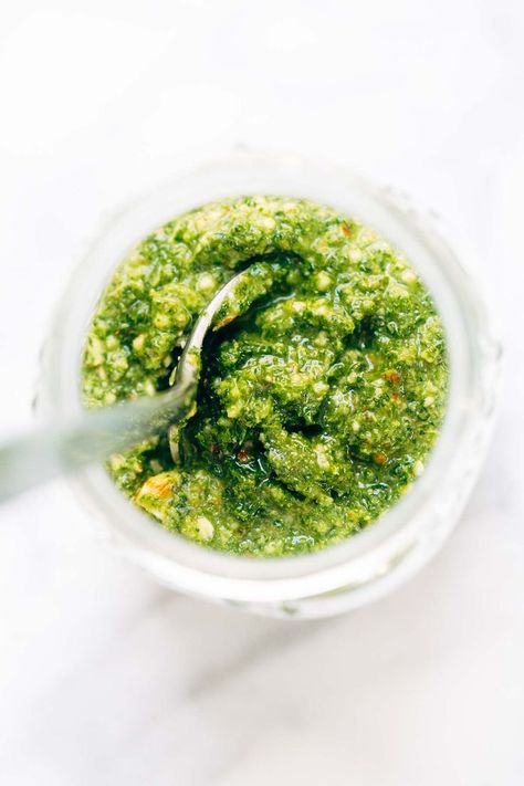 5 Minute Vegan Kale Pesto - made with almonds, olive oil, kale, garlic, salt, and lemon juice. Less than 150 calories per serving! Avocado Cilantro Dressing, Kale Pesto Recipe, Cheesy Cauliflower Soup, Spicy Almonds, Pinch Of Yum, Kale Pesto, Seasoning And Spice, Cheesy Cauliflower, Kale Recipes