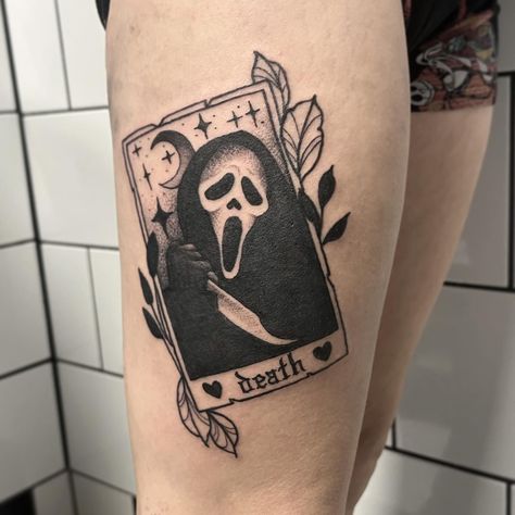 Thank u Michelle 🖤 . . . . . #tattoo #tattooart #tattooartist #halloweentattoo #halloween #ghostface #ghostfacetattoo #tarotcardtattoo Scream Tattoos For Women, Matching Ghost Face Tattoos, Ghost Face Heart Tattoo, Scream Inspired Tattoos, Ghostface Thigh Tattoo, Hex Girls Tattoo, Ghost Matching Tattoos, Scream Tattoos, Michelle Tattoo