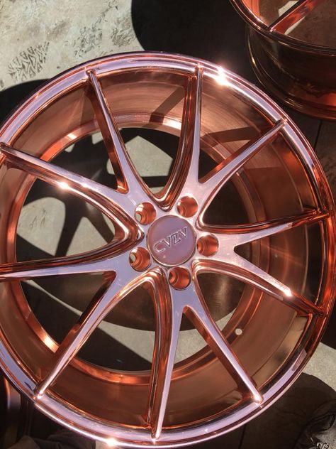 The Chrome Factory is a World-class spray chrome plating company that offers services anywhere in the United States.  Smooth #rosegold  #wheels  😀 https://www.chromefactorylv.com/services/ Pink Rims, Car Things, Chrome Rims, Car Wheels Rims, Chrome Wheels, Car Ideas, Gold Chrome, Chrome Colour, Custom Wheels