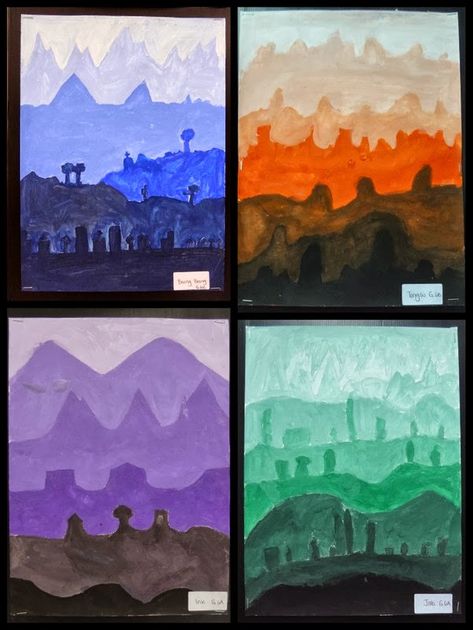 Bekah Steele: Monochromatic Landscapes Tint And Shade, Landscape Art Lessons, Value Painting, Monochromatic Painting, Hills And Mountains, 7th Grade Art, Monochrome Painting, Monochromatic Art, Middle School Art Projects