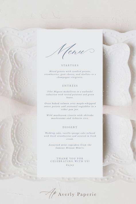 French Wedding Menu Ideas, Blue Menu Wedding, Wedding Menu Inspiration, Wedding Dinner Menu Ideas, Wedding Menu Design, Wedding Menu Ideas, Simple Wedding Menu, Personalized Wedding Menu, Blue Calligraphy