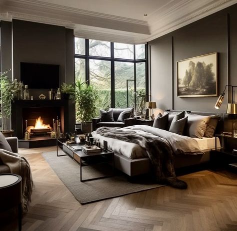 L Bedroom Design, Bedroom All One Color, Dark Interior Design Modern Master Bedrooms, Moody Owners Suite, Designer Master Bedrooms Decor, Dark Primary Bedroom, Moody Transitional Bedroom, Moody Mountain Aesthetic, Dark Organic Modern Decor