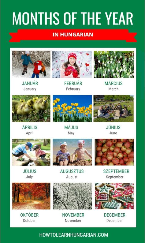 The months of the year in Hungarian Hungarian Vocabulary, Hungarian Traditions, Mcdaniel College, Learn Hungarian, Learning Hungarian, Hungarian Language, Country Studies, European City Breaks, Hungary Travel