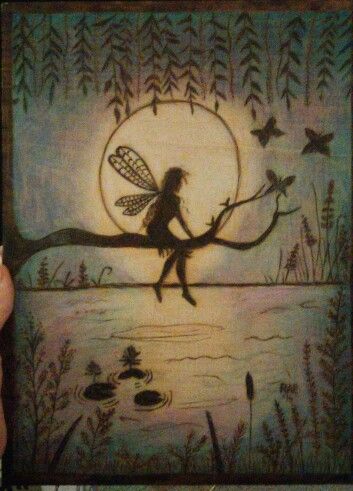 Oil pastel fairy wood burning Fairies Painting Acrylic, Sketches Of Fairies, Fairy From Behind, Fairy Village Painting, Easy Tree Painting On Canvas, Fairy Painting Ideas Easy, Fairy Art Simple, Whimsical Art Paintings Fairies, Fairytale Painting Easy