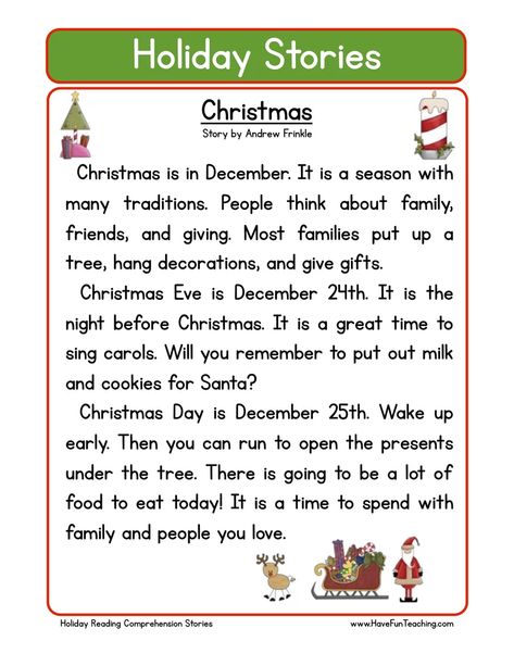 This Christmas Reading Comprehension Worksheet will help your students build their reading comprehension skills while reading about Christmas traditions. Holiday Reading Comprehension, Christmas Reading Comprehension, Free Reading Comprehension Worksheets, Teaching Reading Comprehension, Christmas Teaching, Christmas Reading, Holiday Stories, Christmas Worksheets, Have Fun Teaching