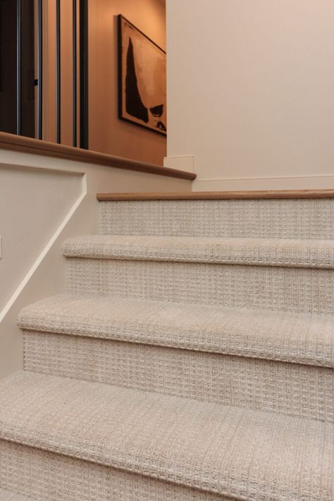 H.J. Martin and Son Wood Stair To Carpet Transition, Finished Basement Carpet Ideas, Second Floor Carpet Ideas, Wood Floor Carpet Stairs, Tri Level Entryway Ideas, Cream Carpet Bedroom Ideas, Hardwood Floors With Carpet Stairs, Carpet And Wood Floor Transition, Lvp Stairs With Runner