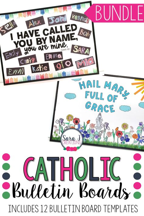 12 bulletin boards to use in your Catholic classroom. Includes templates to be able to print and cut each board. Classroom Bulletin Board Ideas Preschool, 2nd Grade Ccd Lesson Plans, All Saints Day Bulletin Board Ideas, Catechism Bulletin Board Ideas, St Francis Of Assisi Bulletin Board, Catholic Preschool Bulletin Boards, Welcome Back To School Bulletin Boards Catholic, Confirmation Bulletin Board Ideas, Religious Back To School Bulletin Boards