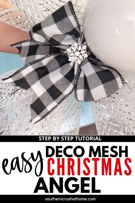 This Deco Mesh Christmas Angel would make a great tree topper or could dress up any Christmas wreath. The instructions for making the angel are so easy and the supplies are not expensive at all! #christmasangel #christmasdiy #decomeshangel #angelcraft Christmas Angels Diy, Diy Angels, Christmas Angel Crafts, Deco Mesh Wreaths Tutorials, Deco Mesh Wreaths Diy, Christmas Angel Ornaments, Diy Christmas Ornaments Easy, Mesh Wreath Tutorial, Deco Mesh Christmas Wreaths