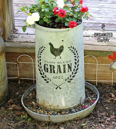 Junk Garden Stenciled Chicken Feeder Planter - Organized Clutter Chicken Feeder Decor, Double Impatiens, Junk Garden, Organized Clutter, Chicken Waterer, Chicken Feeders, Planter Garden, Chicken Feeder, Garden Junk