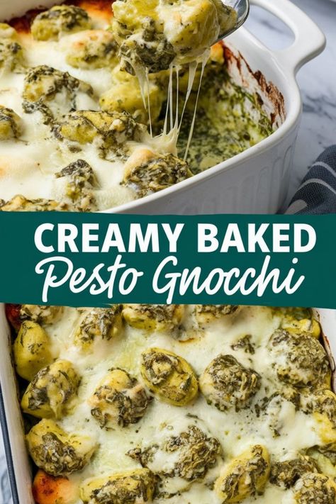 Creamy baked gnocchi covered in pesto and melted cheese in a white dish. Artichoke Gnocchi, Creamy Pesto Gnocchi, Pesto Recipes Dinner, Gnocchi Casserole, Pesto Bake, Spinach Gnocchi, Gnocchi Bake, Pesto Gnocchi, Gluten Free Gnocchi