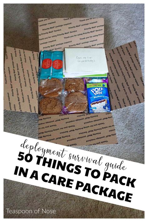 Whether for a deployed military member or college student, today we rounded up 50 things to pack in a care package! Marine Care Package, Navy Care Package, Army Care Package, Soldier Care Packages, Deployment Care Package Ideas, Deployment Packages, Things To Pack, Deployment Care Packages, Gift Baskets For Him