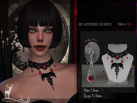 Sims 4 — DSF ACCESSORIES LUX NOCTIS by @DanSimsFantasy — This accessory set contains a pair of flat structure earrings. #featuredartist Sims 4 Cc Goth, Sims 4 Cc Hair, Emo Accessories, Vampire Jewelry, Sims Stories, Vampire Clothes, Victorian Accessories, Goth Accessories, Free Sims