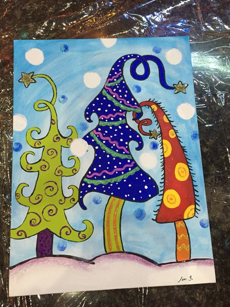 Dr Seuss/whoville Christmas tree painting. Love!! Whoville Christmas Painting, Whoville Painting Ideas, Whoville Tree Drawing, Whoville Art Projects For Kids, How To Draw Whoville Houses, Grinch Christmas Tree Painting, Whoville Painting, Christmas Classroom Games, Seuss Christmas Tree