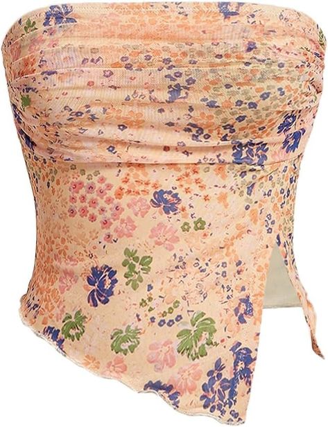 Milumia Women Floral Mesh Strapless Ruched Tube Top Split Hem Sleeveless Bandeau Crop Tops Light Green Large at Amazon Women’s Clothing store Summer Tube Top, Summer Tube, Floral Tube Top, Tube Top Outfits, Flowy Maxi Skirts, Bandeau Crop Top, Strapless Bandeau, Crop Top Casual, Floral Crop Tops