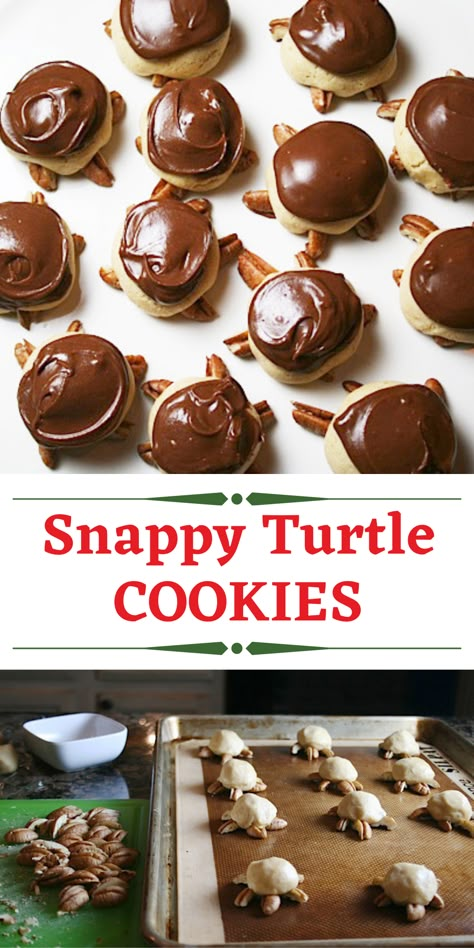 Vintage recipe from the 1960s for this perfect holiday treat - Snappy Turtle Cookies are turtle shaped sugar cookies with pecans and a creamy chocolate frosting on top. Just like mom used to make. You have to make them for the Christmas cookie swap. Find the recipe on my website. #holiday #cookie #recipe Shortbread Turtle Cookies, Pecan Turtle Cookies, Turtle Sugar Cookies, Peanut Butter Kiss Cookies Recipe, Candies Recipes, Turtle Cookies Recipe, Cookies With Pecans, Creamy Chocolate Frosting, Turtle Recipe