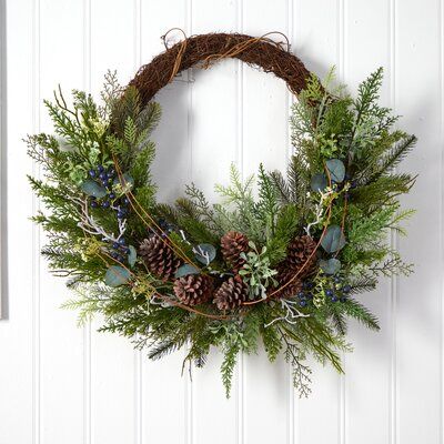 Make your rustic dreams come true with this artificial Christmas wreath. Inspired by nature, soft-hued evergreens are accented by pine cones, berries, and twigs for a messy yet modern farmhouse look. Display your personality on any bare wall or door. With a diameter of 30in. get ready to hang in any area in need of a little Christmas love. Complements rustic, modern farmhouse, or any other style decor. Artificial wreaths are manufactured using synthetic materials, such as polyester material or p Evergreen Vines, Ring Wreath, Decorated Wreaths, Artificial Christmas Wreaths, Vine Wreath, Twig Ring, Farmhouse Look, Pinecone Wreath, Faux Flower Arrangements