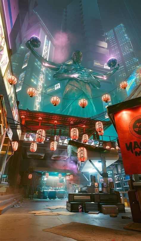 Japantown Cyberpunk, Cyberpunk 2077 Environment, China Cyberpunk, Cyberpunk Market, Chinese Cyberpunk, Night City Cyberpunk 2077, Cyberpunk 2077 Concept Art, Cyberpunk Japan, Cyberpunk Environment