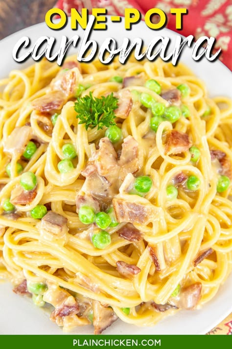 Campbells One Pot Spaghetti Carbonara, Creamy Pasta With Peas And Bacon, Spaghetti With Cream Of Chicken Soup, Cream Of Chicken Soup Recipes Pasta, Pasta Cream Of Chicken Soup, Chicken Carbonara With Peas, Spaghetti Carbonara With Peas, Chicken Spaghetti With Peas, Crockpot Chicken Carbonara