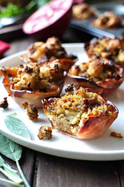 Pork Sausage Apple Stuffing in Pancetta Cups (Muffin Tin) on a white plate. Sausage Apple Stuffing, Stuffing Cups, Leftover Stuffing Recipes, Apple Stuffing, Crispy Pancetta, Pork Sausages, Sausage Stuffing, Christmas Feast, Recipetin Eats