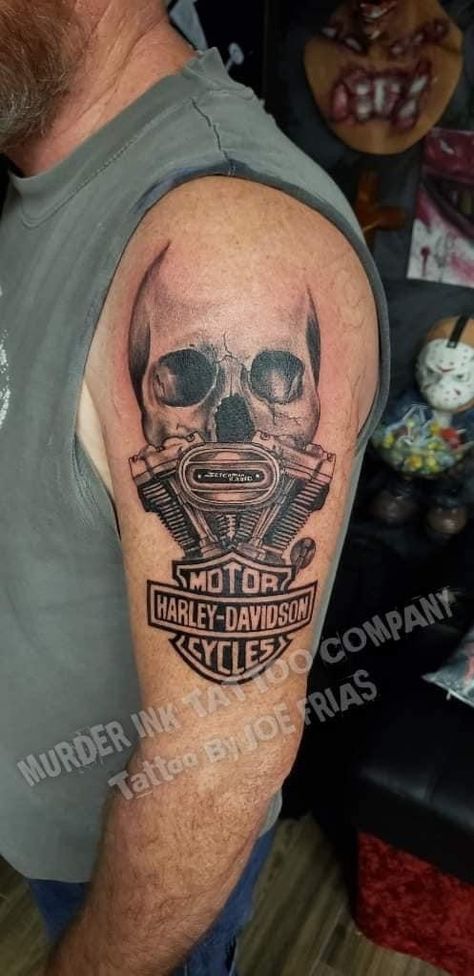 Harley Tattoo For Men, Harley Davidson Tattoo, Harley Tattoo, Harley Tattoos, Tattoo Chest, Skull Tattoo, Tattoos For Guys, Tatting, Harley Davidson