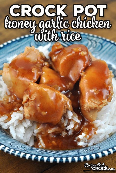 We love this Honey Garlic Crock Pot Chicken with Rice recipe at my house, and I am sure you will too! Easy, flavorful and a real crowd pleaser! Honey Garlic Chicken Crock Pot, Honey Chicken Crockpot, Crock Pot Honey Garlic Chicken, Honey Chicken Breast, Garlic Chicken Crockpot, Garlic Chicken Breast Recipes, Easy Honey Garlic Chicken, Chicken Breast Crockpot Recipes, Chicken With Rice