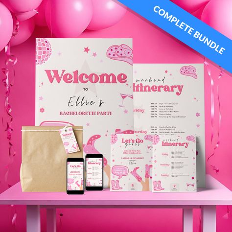 Elevate your Nashville Bachelorette Party with our complete Canva template bundle! This bundle includes invites to set the tone, itineraries to keep the fun on track, as well as welcome signs and bag tags that add a touch of Southern charm. These customizable templates cover all your party needs, ensuring your Music City celebration is an unforgettable experience. Last Rodeo Bachelorette, Bachelorette Signs, Bachelorette Diy, Rodeo Bachelorette, Bachelorette Party Itinerary, Cowgirl Bachelorette Parties, Last Rodeo, Bachelorette Itinerary, Nashville Bachelorette Party