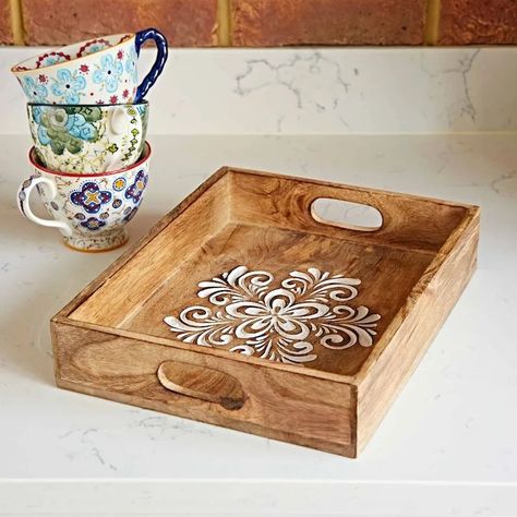 Floral Carved Natural Mango Wood Tea Tray - Two Sizes - Handmade and Sustainable - Serving Tray - Home Décor - Decorative Tray #wooddesign #mangowood #woodfurniture #woodtray #trays #tray #woodworker #woodwork #woodmaker #wooddesign #woodshop #homedecor #tableware #officetabledecor Tray Photography Ideas, Tray Photography, Wood Tea Tray, Tea And Biscuits, Office Table Decor, Mango Trees, Wood Trays, Mango Tree, Teacher Thank You