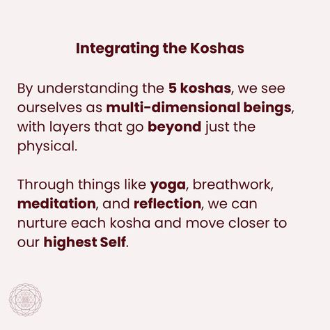 Did you know that according to ancient yogic philosophy, our being is composed of five layers, or koshas? These layers represent different aspects of ourselves- from our physical body to the deepest core of our true self. Each kosha is like a veil that, when understood and nurtured, brings us closer to the experience of wholeness and inner peace. 🌱 Annamaya Kosha - Our physical body, nourished by the food we eat. 💨 Pranamaya Kosha - Our energy body, the breath and life force that move... The Five Koshas, The Koshas, Pranamaya Kosha, Annamaya Kosha, Yogic Philosophy, Our Energy, Life Force, True Self, Inner Peace