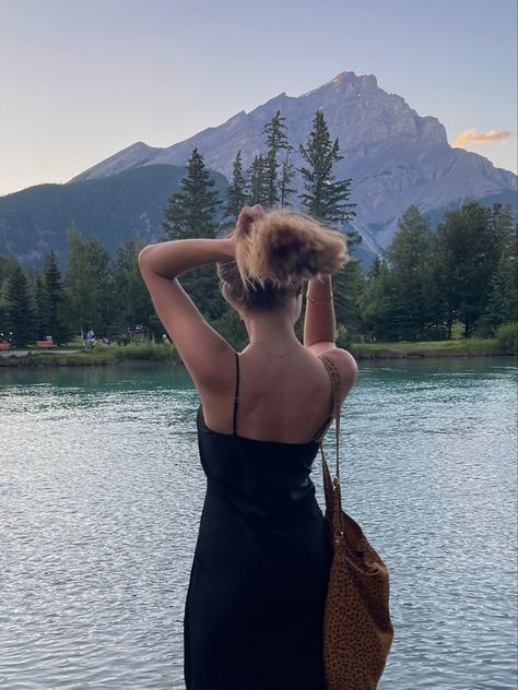 Canadian Girl Aesthetic, Canadian Summer Aesthetic, Banff Aesthetic, Summer Aesthetic Black, Canadian Aesthetic, Aesthetic Black Dress, Vacation In The Mountains, I Will Get There, Blonde Aesthetic