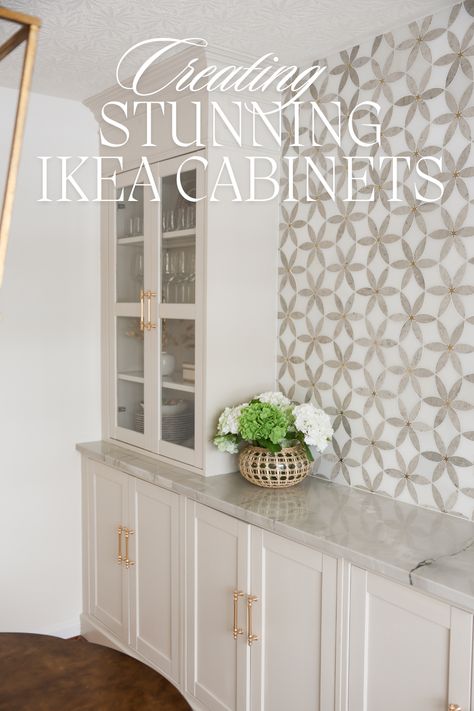 If you want a built in bar in your dining room, you NEED to save this step-by-step ikea cabinets hack! Just look at these stunning built in dining room cabinets! Buffet With Upper Cabinets, Dining Room Storage Cabinet Ikea Hacks, Ikea Cabinets Dining Room, Ikea Dry Bar Ideas, Ikea Cabinet Bar, Ikea Kitchen Built In Hack, Adding Cabinets To Dining Room, Ikea Built In Bar Hack, Ikea Dining Room Hack