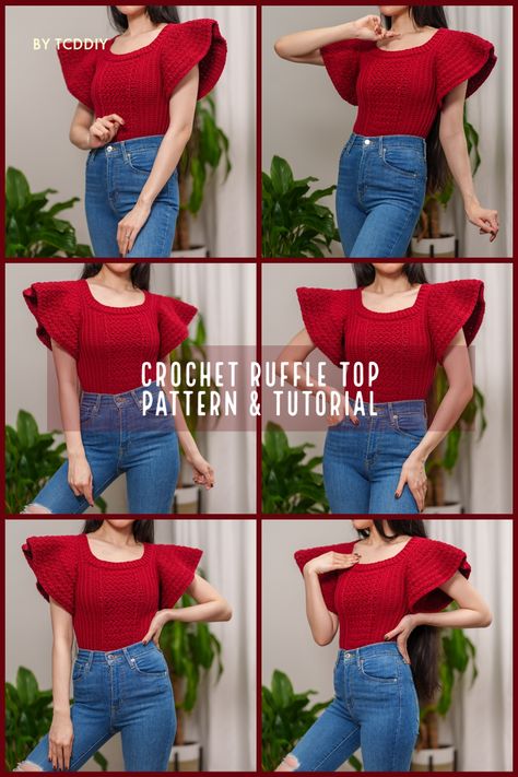 Over 300+ Free Crochet Video Tutorial & Crochet Pattern Available here! #crochet #crochetpattern #crochettutorial #crochetdiy Pinterest exclusive coupon code: get 20% off if you spend $19.99+. Use offer code "PIN20" 💖 Be sure to join us on YouTube, Instagram and check out my Etsy @TCDDIY Crochet Peplum Top, Ruffle Top Pattern, Crochet Ruffle Top, Crochet Peplum, Diy Crochet Top, Sleeveless Turtleneck Top, Crochet Ruffle, Cardigan Design, Photo Pattern