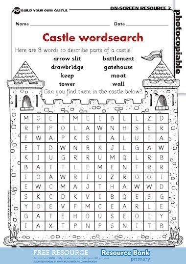 Find the Castle-related topic words in this wordsearch activity sheet. Knights And Castles Topic, Castle Classroom, Castles Topic, Middle Ages History, Castle Crafts, Castle Project, Medieval Crafts, Medieval Party, Homeschool Social Studies