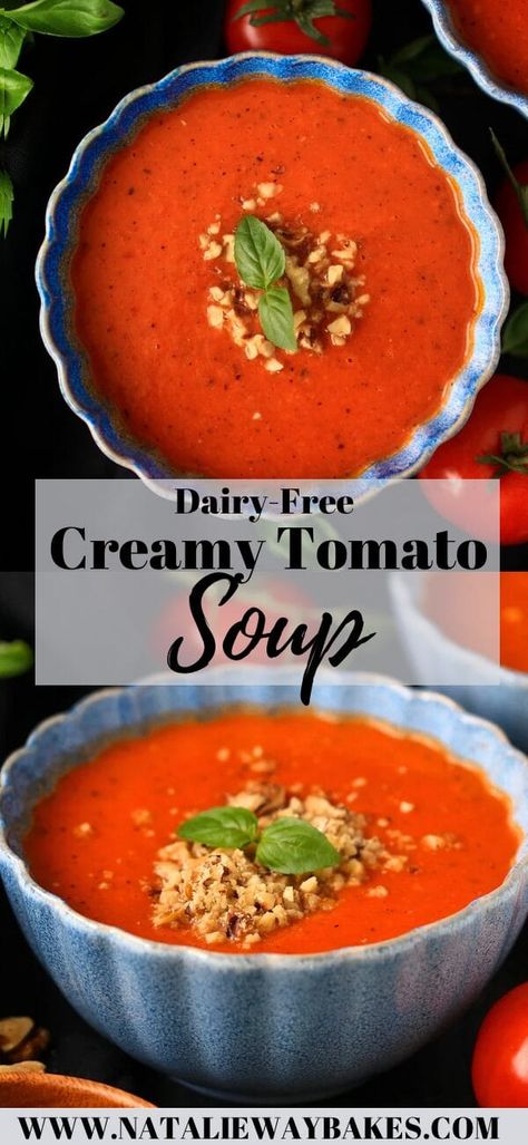 Enjoy a warm comforting bowl of this Vegan Tomato Bisque Soup. Bursting with delicious tangy tomato flavor with a smooth velvety creamy texture. It's gluten-free, vegan, and no one can tell ;) Vegan Tomato Bisque, Gluten Free Tomato Soup, Dairy Free Tomato Soup, Tomato Bisque Soup, Dairy Free Keto Recipes, Dairy Free Recipes Easy, Vegan Tomato Soup, Bisque Soup, Dairy Free Pasta