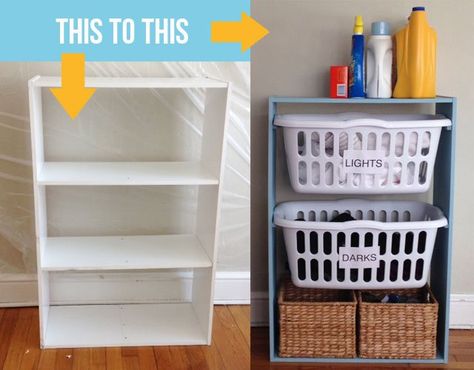 Doing laundry is already such a hassle, and tripping over those laundry baskets filled with clothes doesn't make it any more enjoyable. To make things a little easier, I transformed an old bookshelf into a laundry basket station. Empty Bookshelf, Laundry Basket Dresser, Laundry Basket Holder, Laundry Station, Diy Laundry Basket, Laundry Room Storage Shelves, Small Laundry Room Organization, Room Storage Diy, Laundry Room Diy