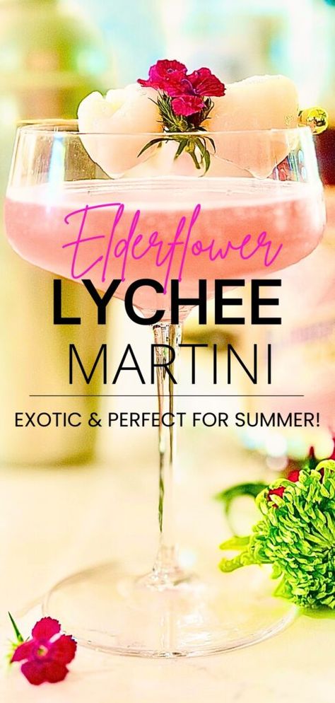 Elderflower Lychee Martini Beer Mixed Drinks, Elderflower Martini, Lychee Cocktail, Elderflower Cocktail, Alcoholic Punch Recipes, Lychee Martini, Lychee Fruit, Thanksgiving Cocktails, Colorful Drinks